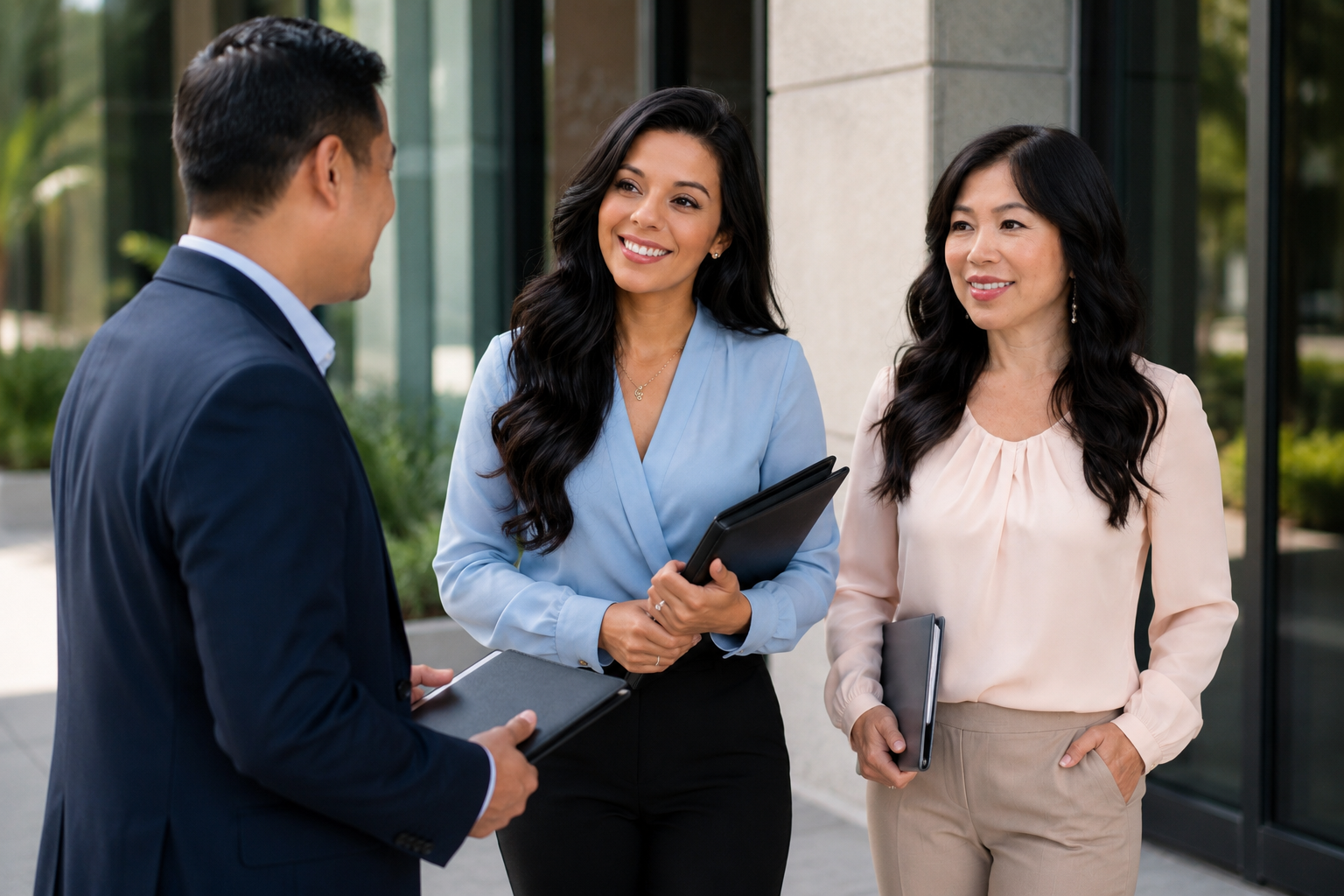 Three professionals, two women and one man, having a conversation outdoors in front of a modern building.