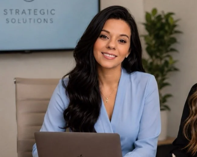 A young woman with long dark hair wearing a light blue blouse, seated at a desk in an office setting with a laptop in front of her, smiling at the camera. There is a plant and a screen with text in the background.