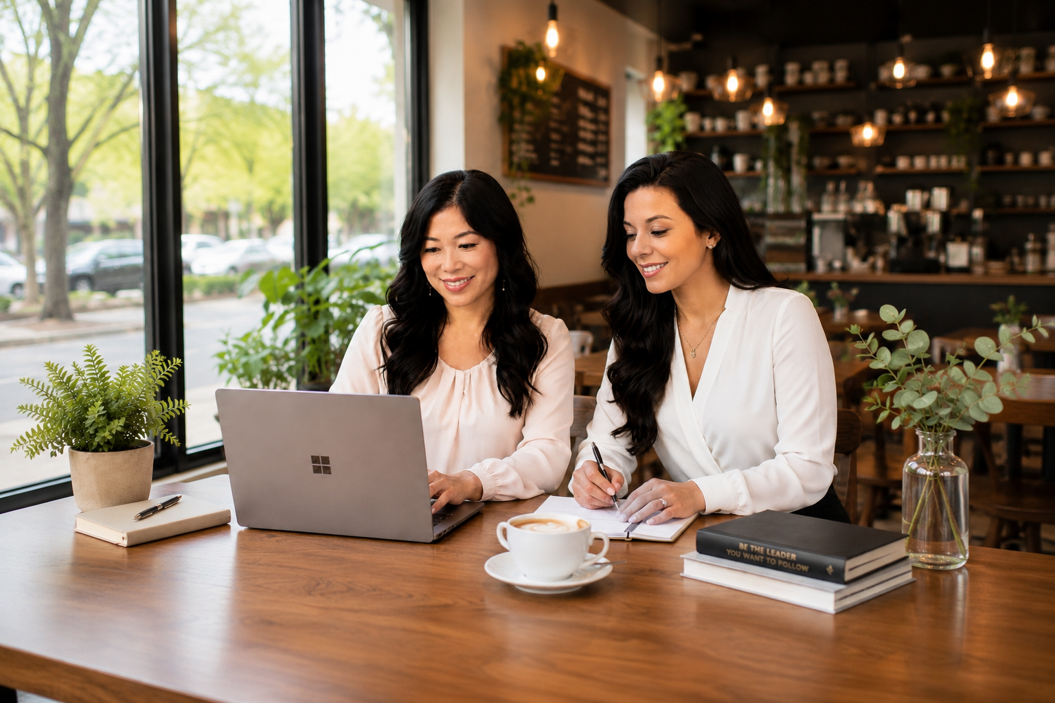 Two women sitting at a wooden table in a coffee shop, smiling at a laptop. One woman is writing in a notebook. There are potted plants, books, and a cup of coffee on the table with large windows in the background showing trees and parked cars.