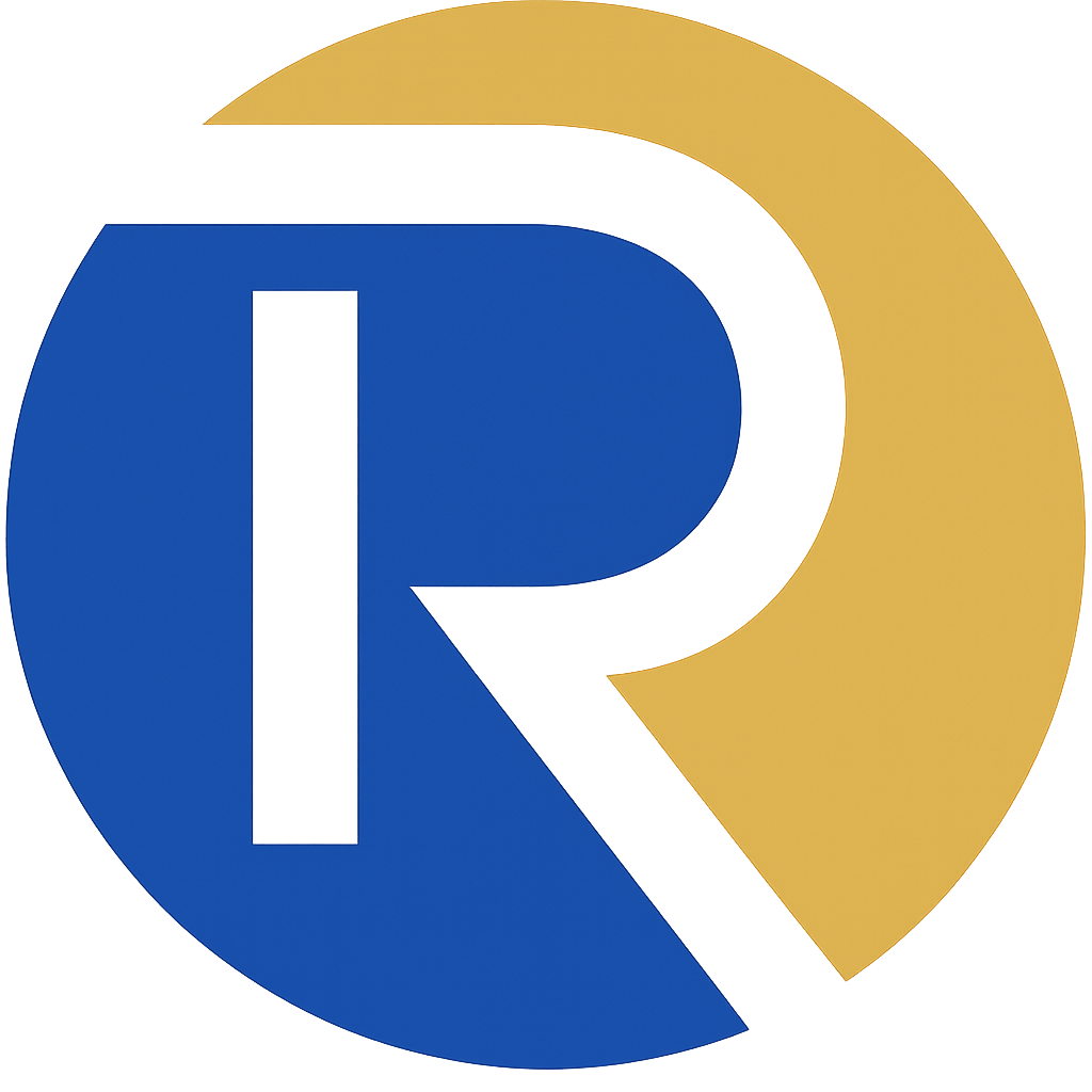 A logo with a large white letter R inside a circle, half blue and half gold.