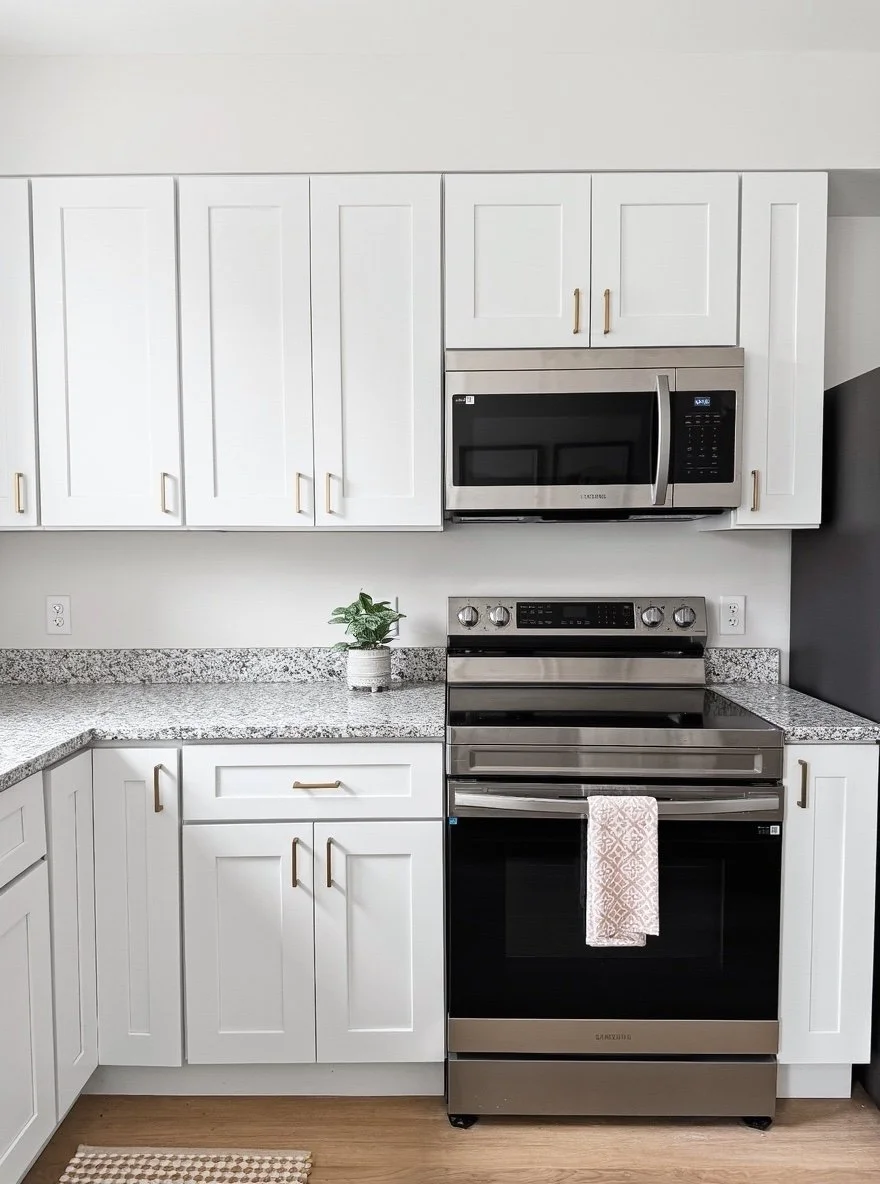 Modern kitchen with white cabinets, gray granite countertops, and stainless steel appliances including microwave and oven. A small potted plant is on the counter.