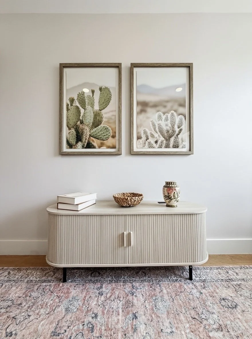 A white sideboard with ribbed front and black legs, decorated with a stack of three white books, a woven bowl, and a decorative vase. Two cactus-themed framed pictures hang above it on a white wall. A patterned rug covers the floor in front.