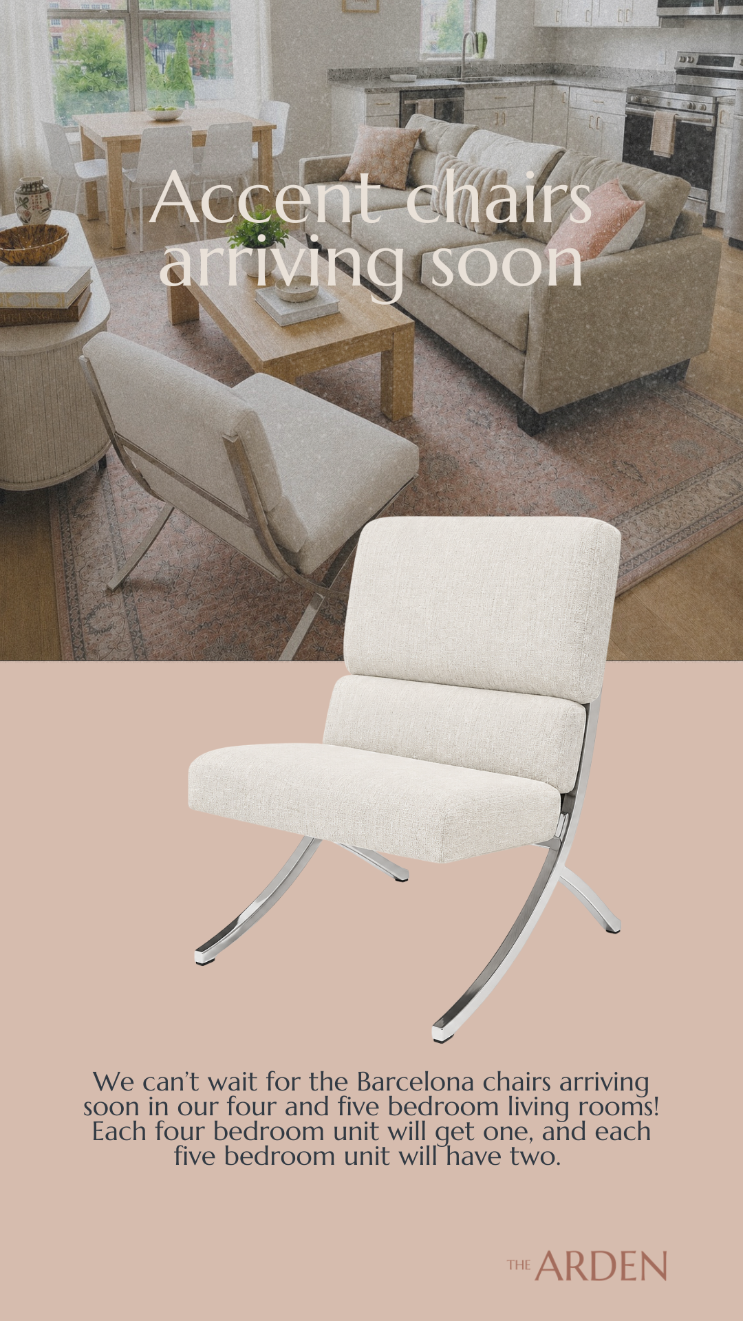 Advertisement for new furniture arriving soon, showing a modern beige lounge chair with a curved metal frame. The background features a cozy living room with a sofa, armchair, coffee table, and kitchen area with dining table, through large windows.
