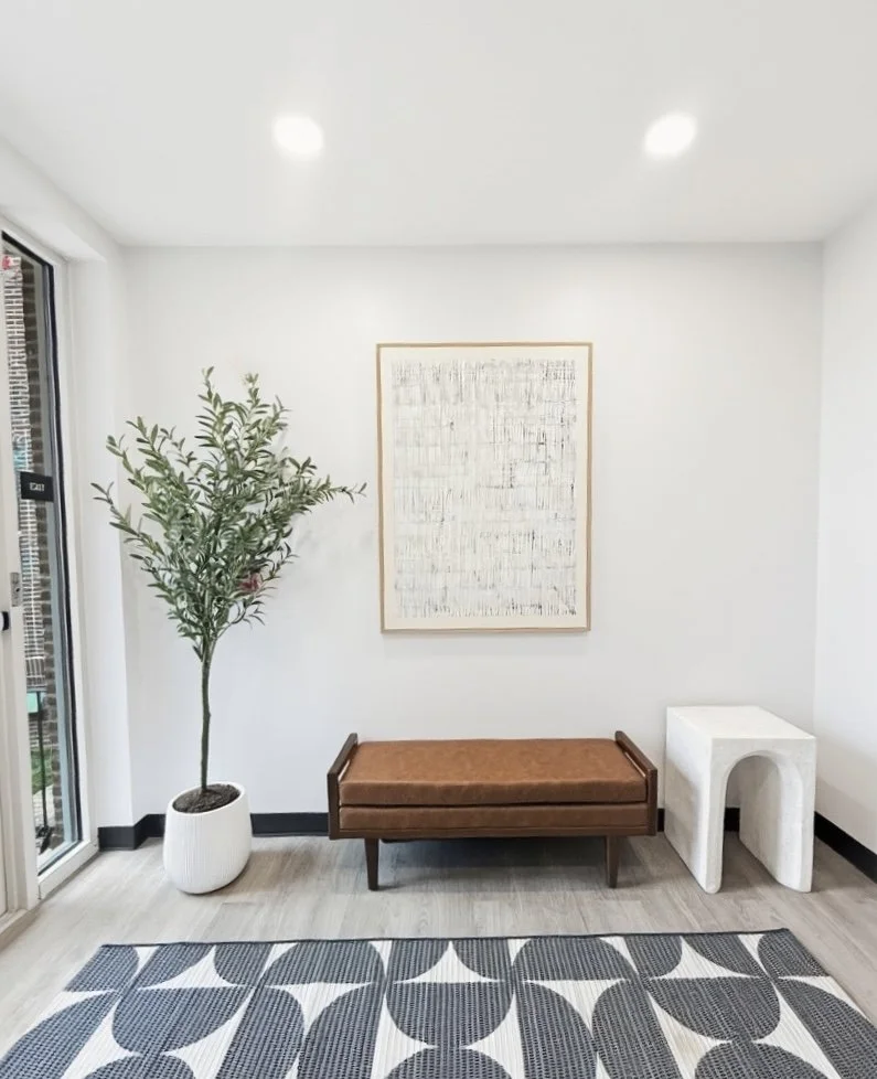 Modern living room corner with a potted plant, a brown bench, an abstract framed artwork on the wall, a small white table, and a patterned rug on light wooden flooring.