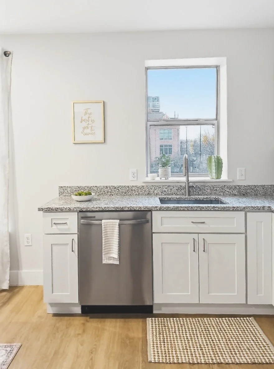 Kitchen with white cabinets, granite countertop, stainless steel dishwasher, window with city view, potted cactus and plant on windowsill, wall decor with motivational quote, beige rug on wooden floor.