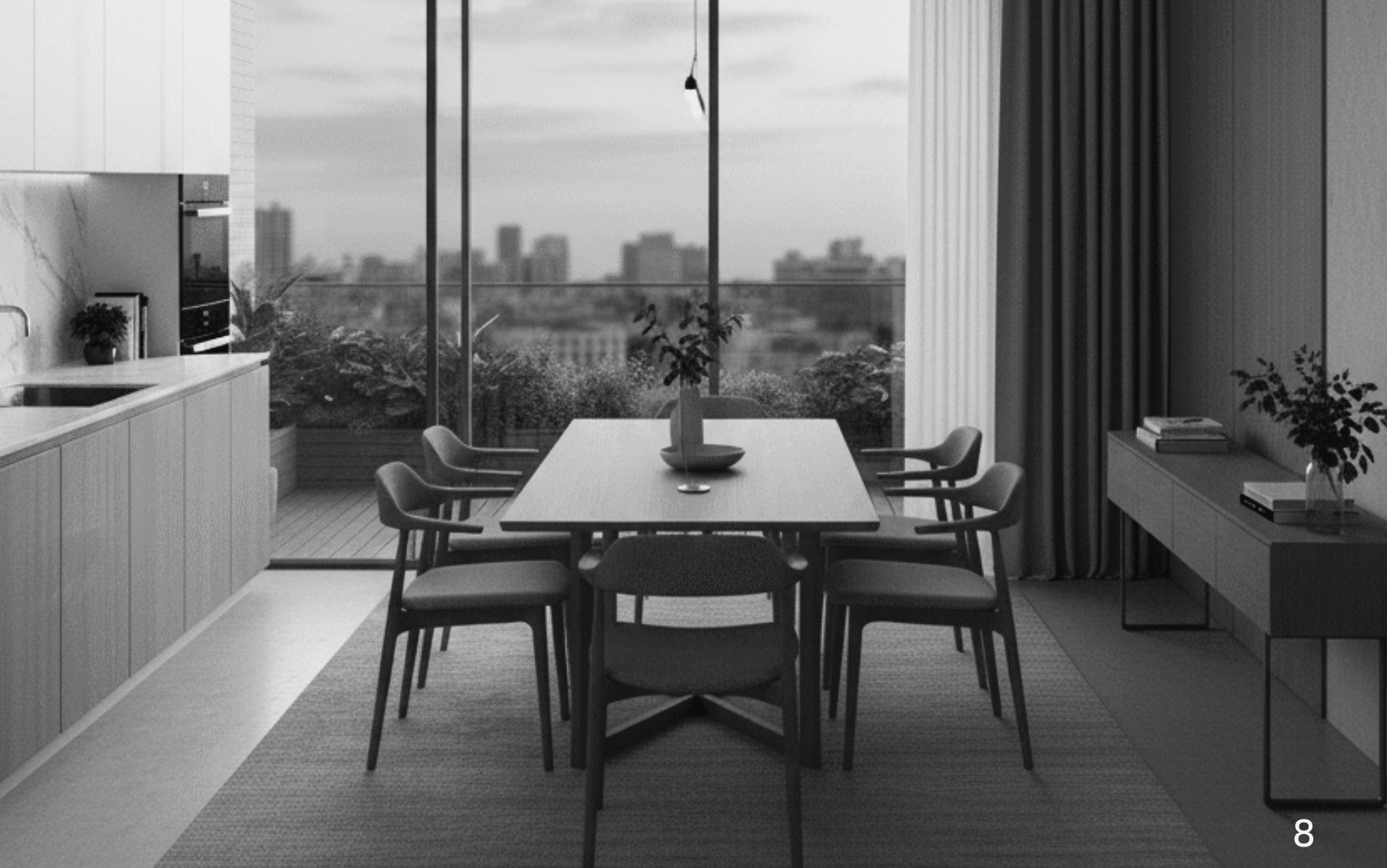 Vista de comedor en un apartamento con pared de ventanas grandes, mesa en el centro con una planta, sillas alrededor, cocina a la izquierda y un mueble con libros y plantas a la derecha.