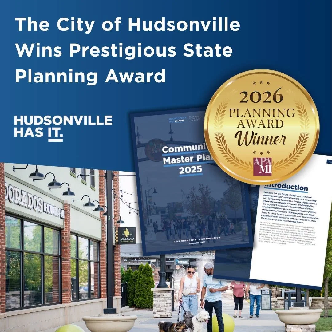 Hudsonville just won a major honor, and one of our own helped make it happen.

The City of Hudsonville&rsquo;s Community Master Plan, &ldquo;Hudsonville Has Charm,&rdquo; has received the Daniel Burnham Award for a Comprehensive Plan from the Michiga