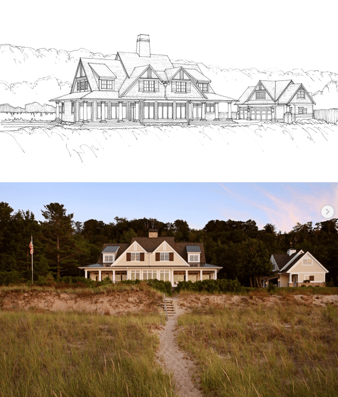 Comparison of a house sketch drawing at the top and the actual house at the bottom, with a sandy path leading to the house surrounded by grassy dunes and trees.
