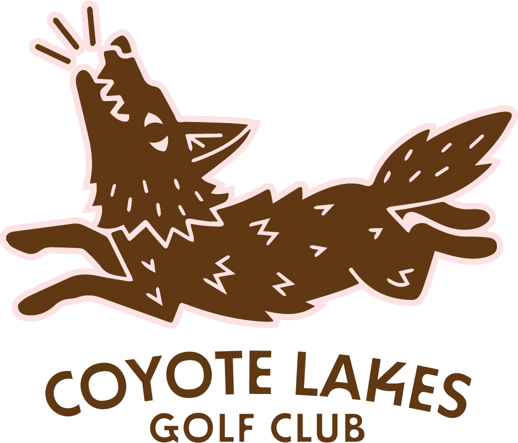 Illustration of a coyote with a playful expression, tongue out, and a raised paw, above the text "Coyote Lakes Golf Club" in brown letters.