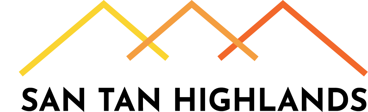 Stylized mountain peaks in yellow, orange, and red above the words "San Tan Highlands" in bold black letters.