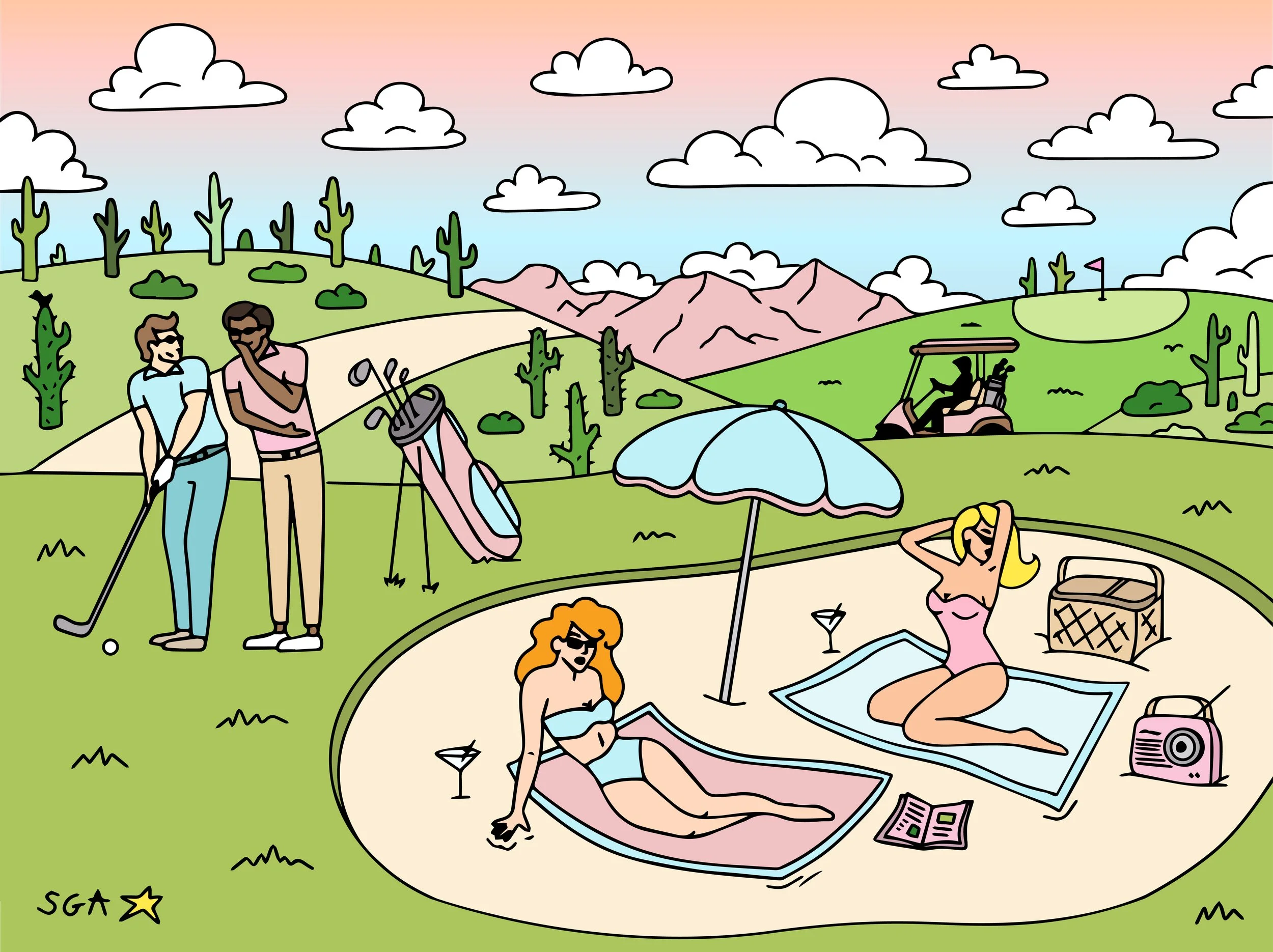 A cartoon scene at a golf course with two women sunbathing on towels under a beach umbrella, one in a pink swimsuit and the other in a blue bikini, both wearing sunglasses. Two men are talking near a golf bag with clubs, one holding a golf club. In the background, a golf cart with a person driving, mountains, cacti, and clouds in the sky.