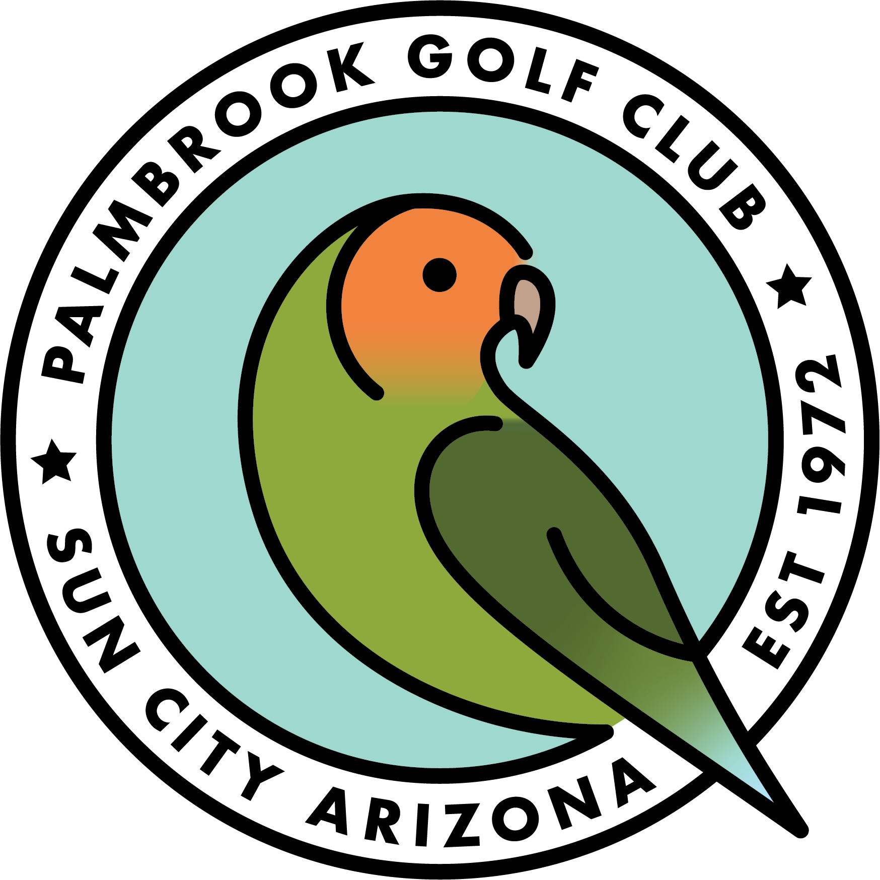 Stylized illustration of a parrot with orange head, green body, and a black eye, set against a light blue circular background.