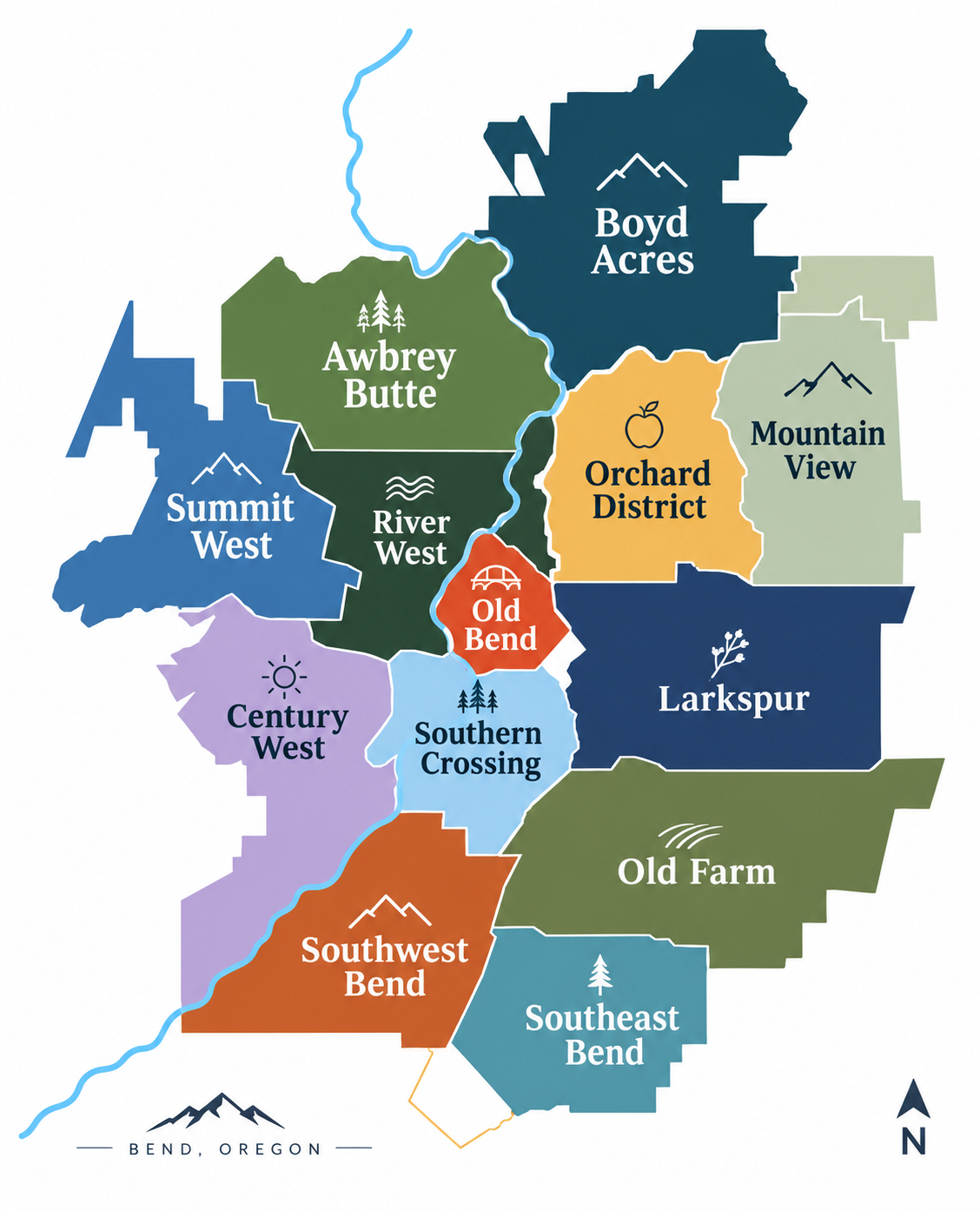 Map of Bend, Oregon neighborhoods, including Awbrey Butte, Boyd Acres, Old Bend, and Southwest Bend.