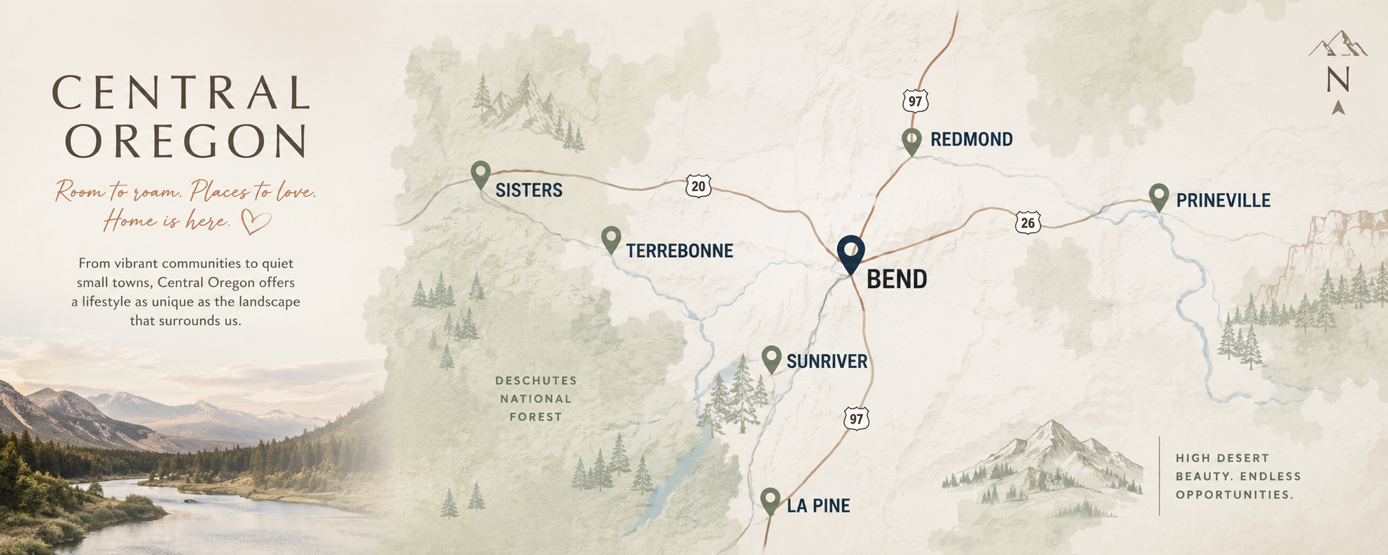 Banner of Central Oregon Map featuring Sisters, Terrebonne, Sunriver, La Pine, Redmond, and Bend. Image has mountains and fir trees to the left hand side and reads" Central Oregon, Room to roam, places to love, home is here" with a heart.