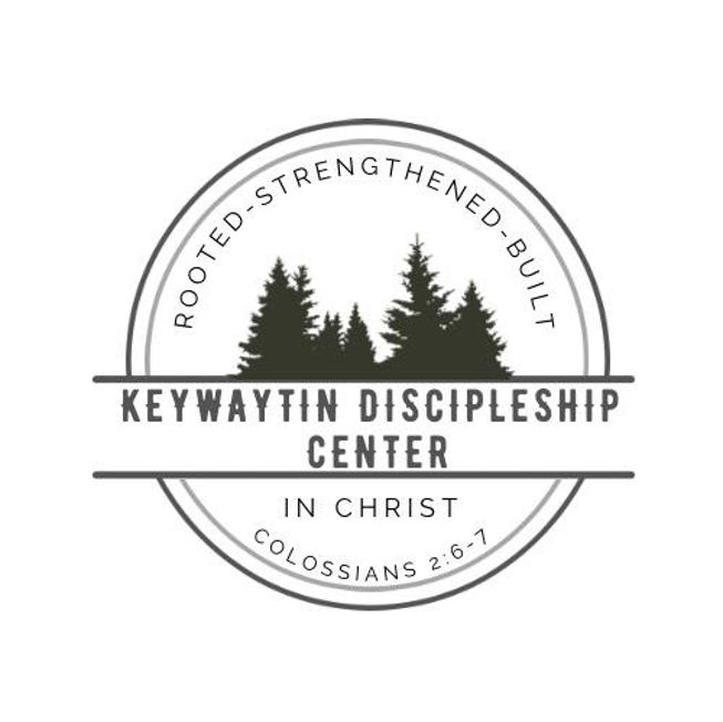 Logo for Keywaytin Discipleship Center featuring trees, circular text, and a biblical reference.