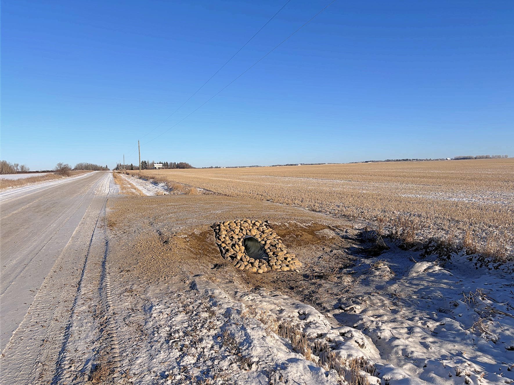 A rural landscape with a dirt road stretching into the distance, a blue sky, open fields with some snow, and a drainage pipe covered with rocks.