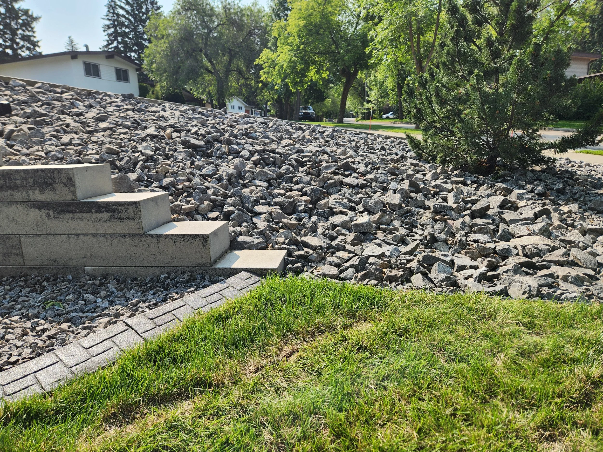Residential outdoor scene with concrete steps leading up a slope covered with gravel, a small pine tree, lush green grass, and houses in the background under a sunny sky.