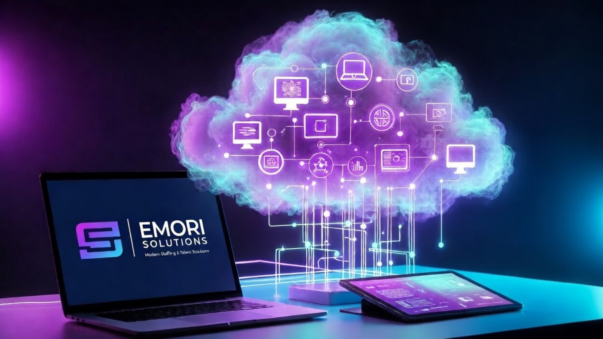 A laptop and a tablet on a table with a digital cloud above them containing various technology and data icons, representing cloud computing and IT solutions and a laptop open to Emori Solutions, Modern Staffing company.
