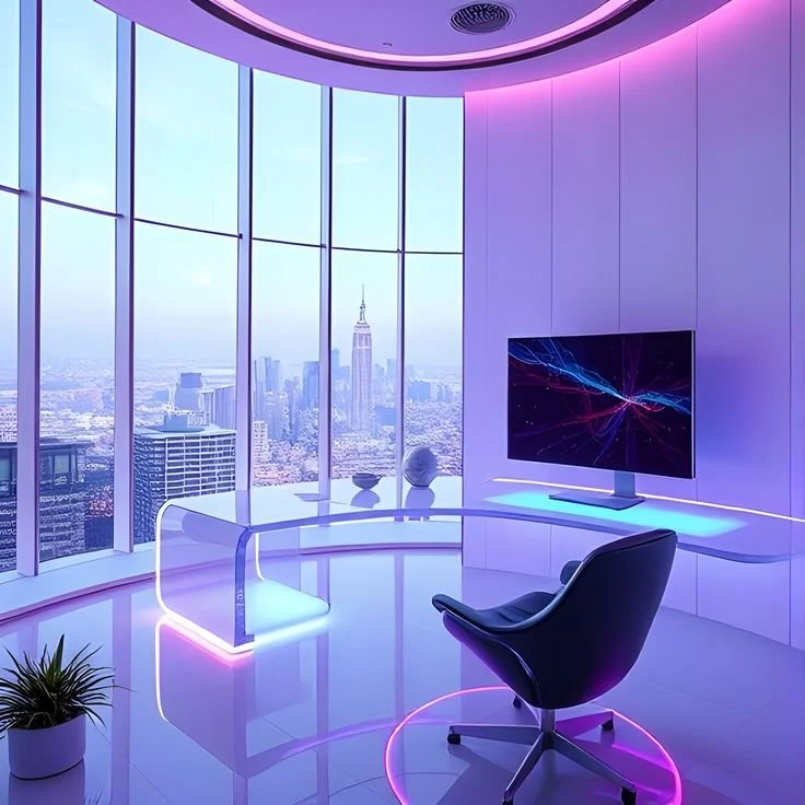 Modern high-rise office with floor-to-ceiling windows showing a city skyline, including the Empire State Building, decorated with pastel neon lighting, a black office chair, a desk with a large monitor,  from jobs created by Emori Staffing Solutions
