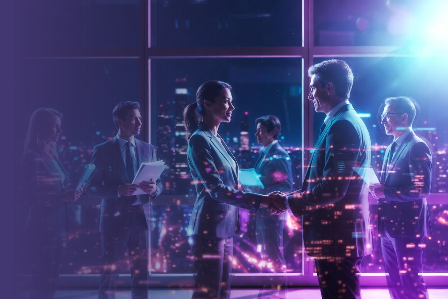 Business professionals in suits shaking hands for job staffing in a modern office with a city skyline view at night, illuminated by purple and blue lights.