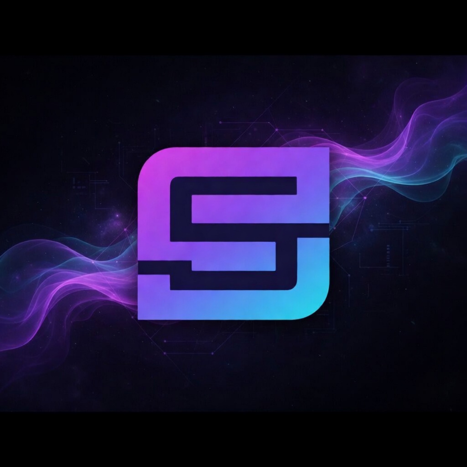 Digital illustration of a stylized 'S' logo with gradient purple and blue colors, set against a dark, cosmic background with flowing purple and blue light trails.