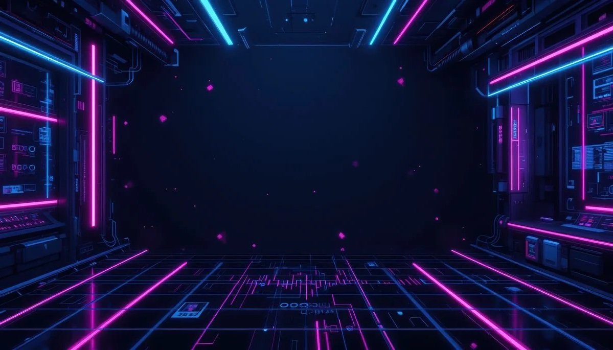 Futuristic virtual reality room with neon pink and blue lights, digital displays, and a grid floor.