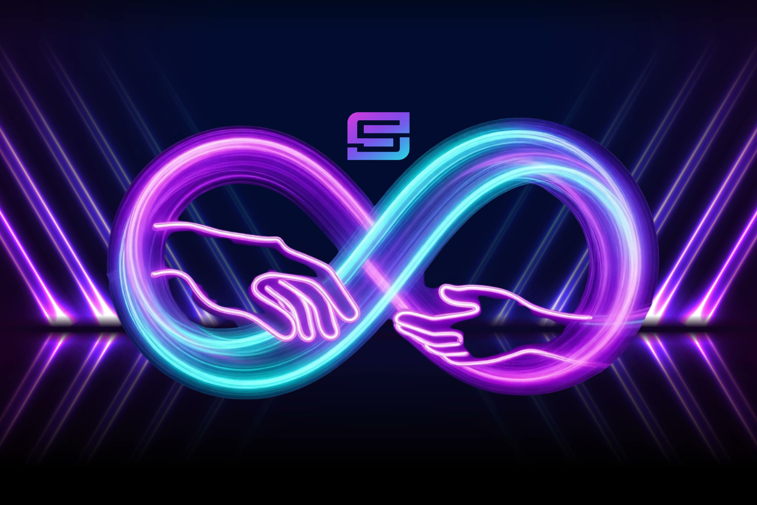Neon-style illustration of two hands reaching towards each other within an infinity symbol, glowing in purple, pink, and blue colors, with a dark background and lines of neon light.