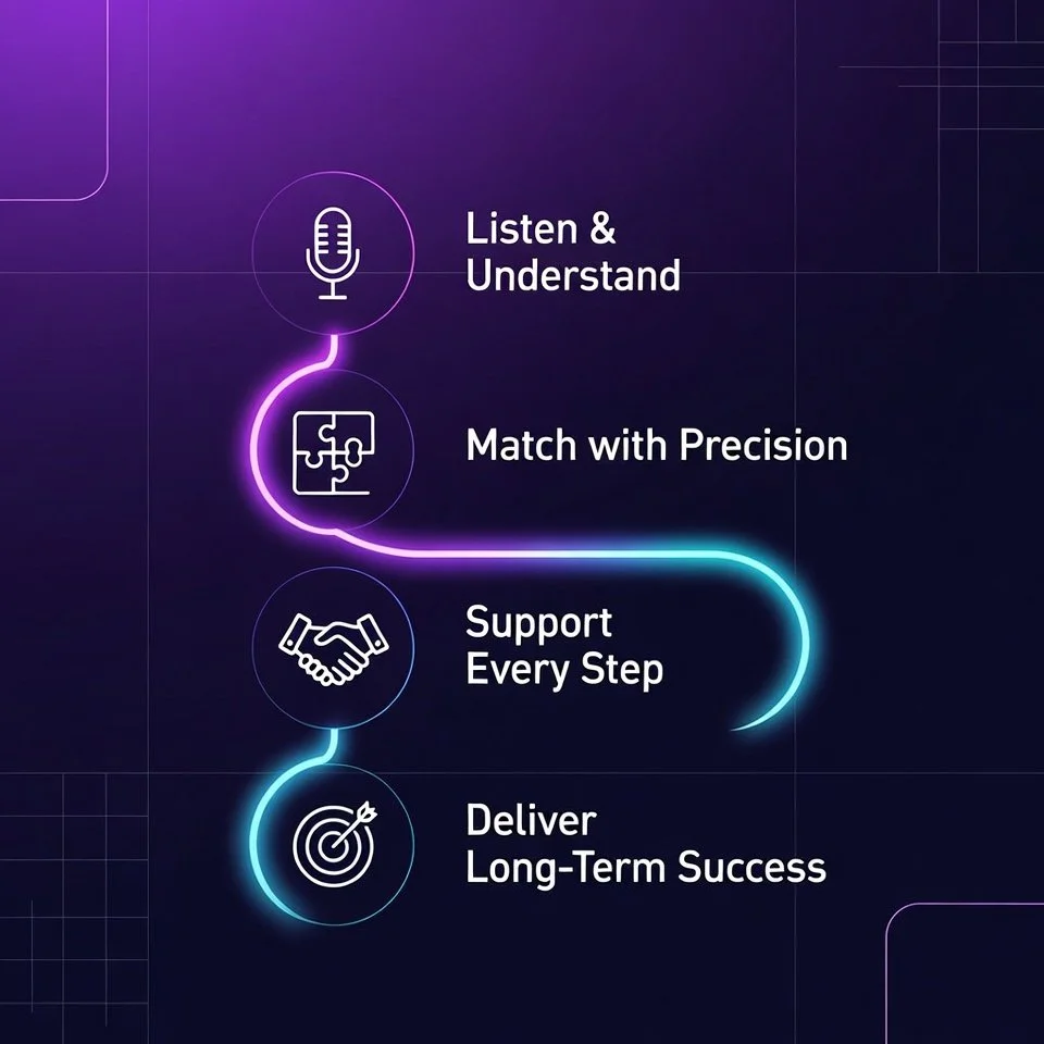A digital infographic with four steps: 'Listen & Understand' with a microphone icon, 'Match with Precision' with a puzzle piece icon, 'Support Every Step' with a handshake icon, and 'Deliver Long-Term Success' with a target icon, connected by glowing lines on a dark purple background.