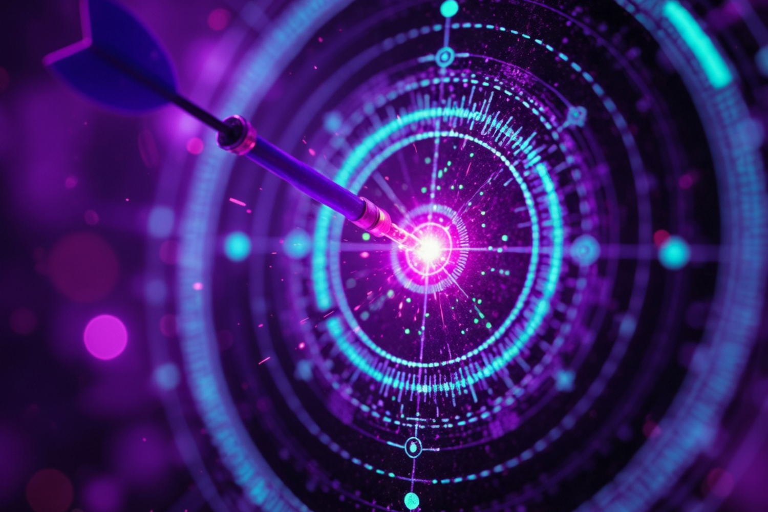 A digital visualization of a futuristic targeting system with concentric circles, glowing lines, and points of light on a dark background, featuring a purple laser beam.