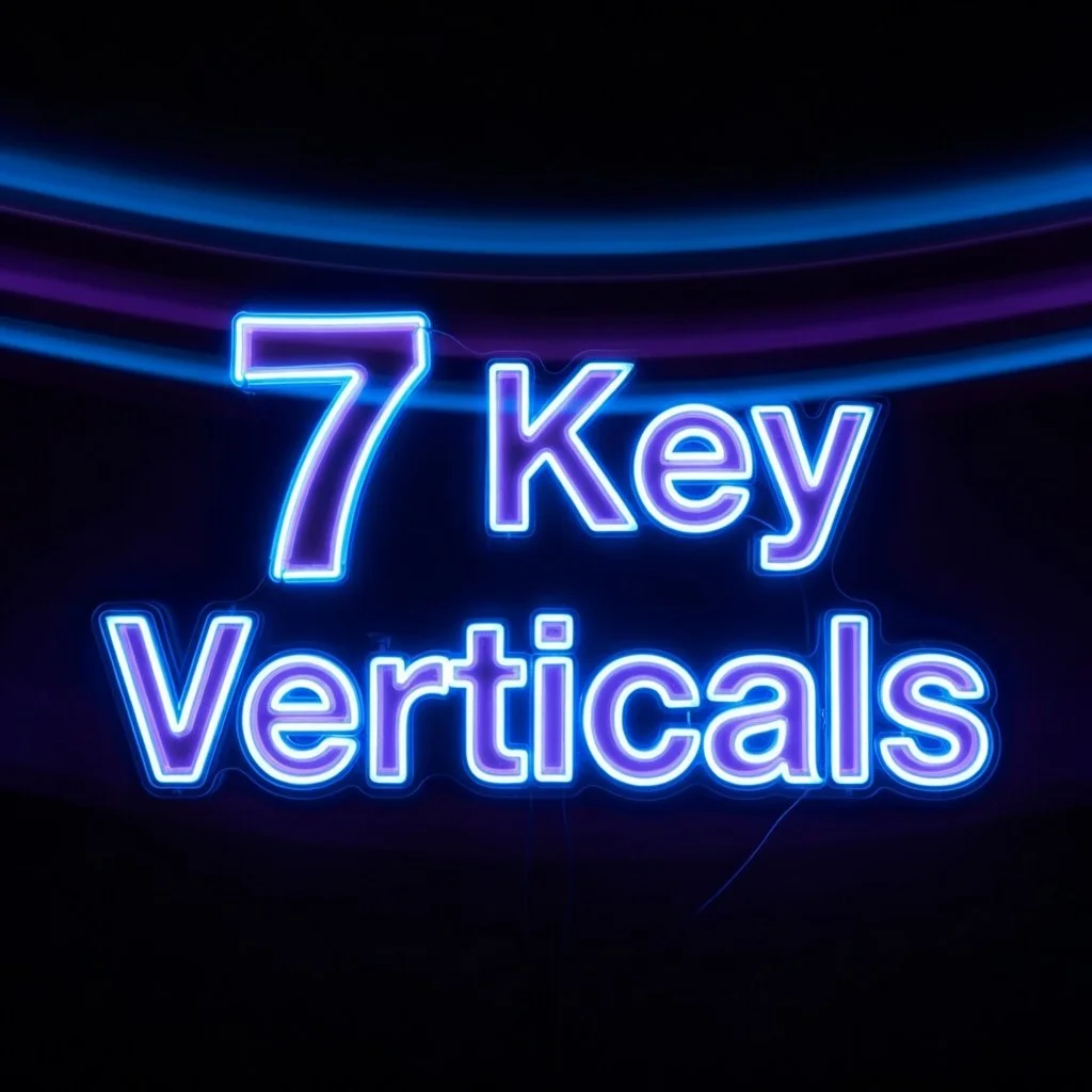 Neon sign reading '7 Key Verticals' with purple and blue lights on a black background.