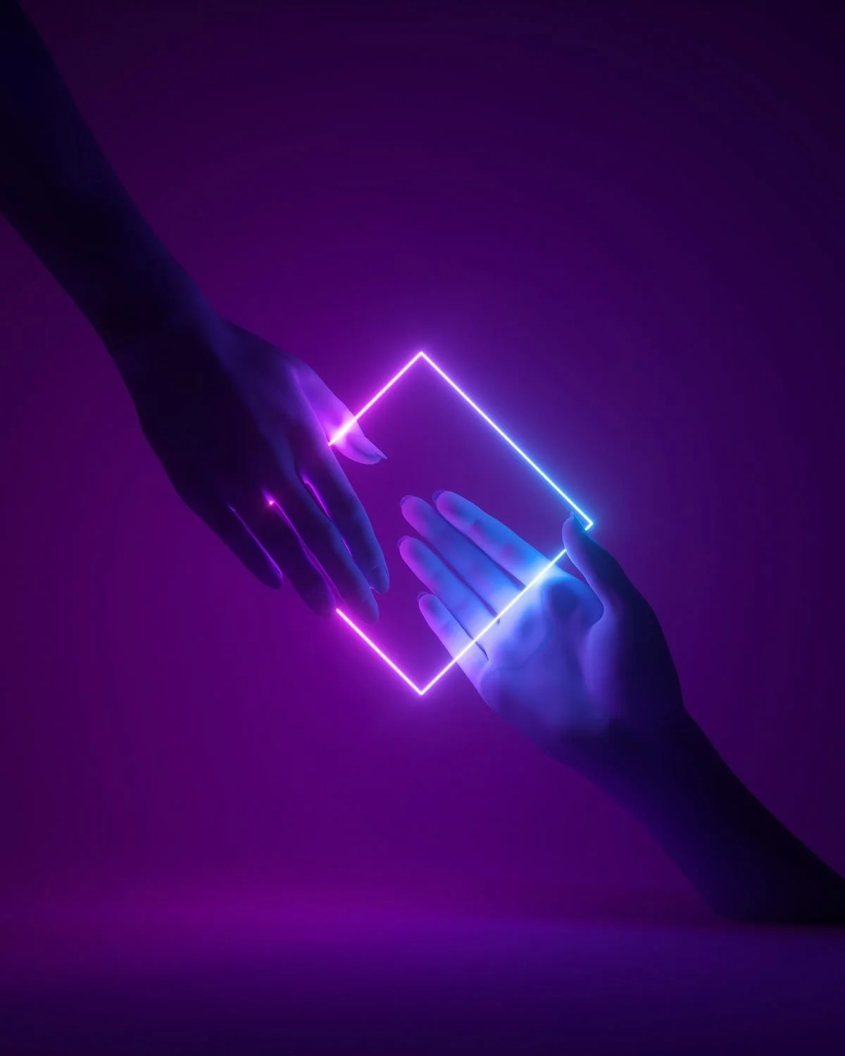 Two hands, one dark and one light, reaching toward each other with a glowing, neon-outlined square between them against a purple background.