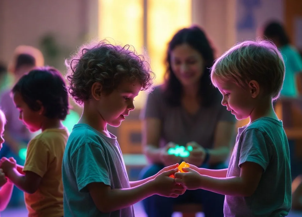 Two young boys exchanging glowing toys in a colorful, dimly lit room with other children and a smiling woman in the background who benefit from philanthropy provided by Emori Staffing Solutions.
