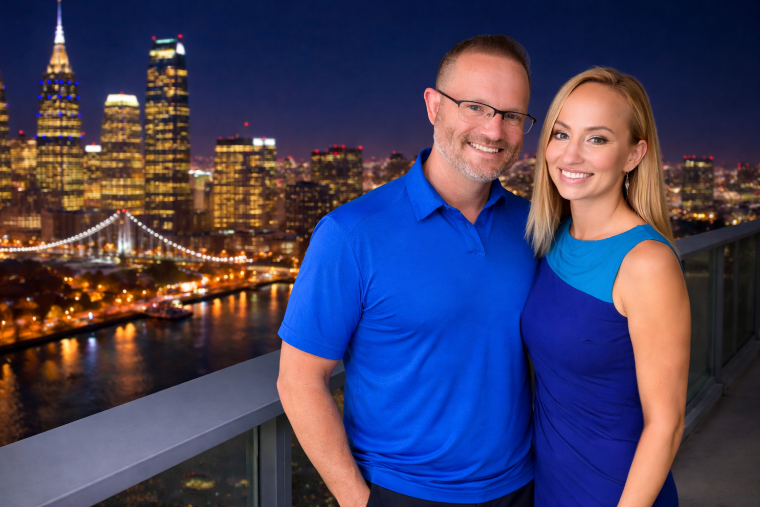 The owners of Emori solutions, a business recruiting company, matching blue outfits on a balcony at night with a city skyline and bridge illuminated in the background.