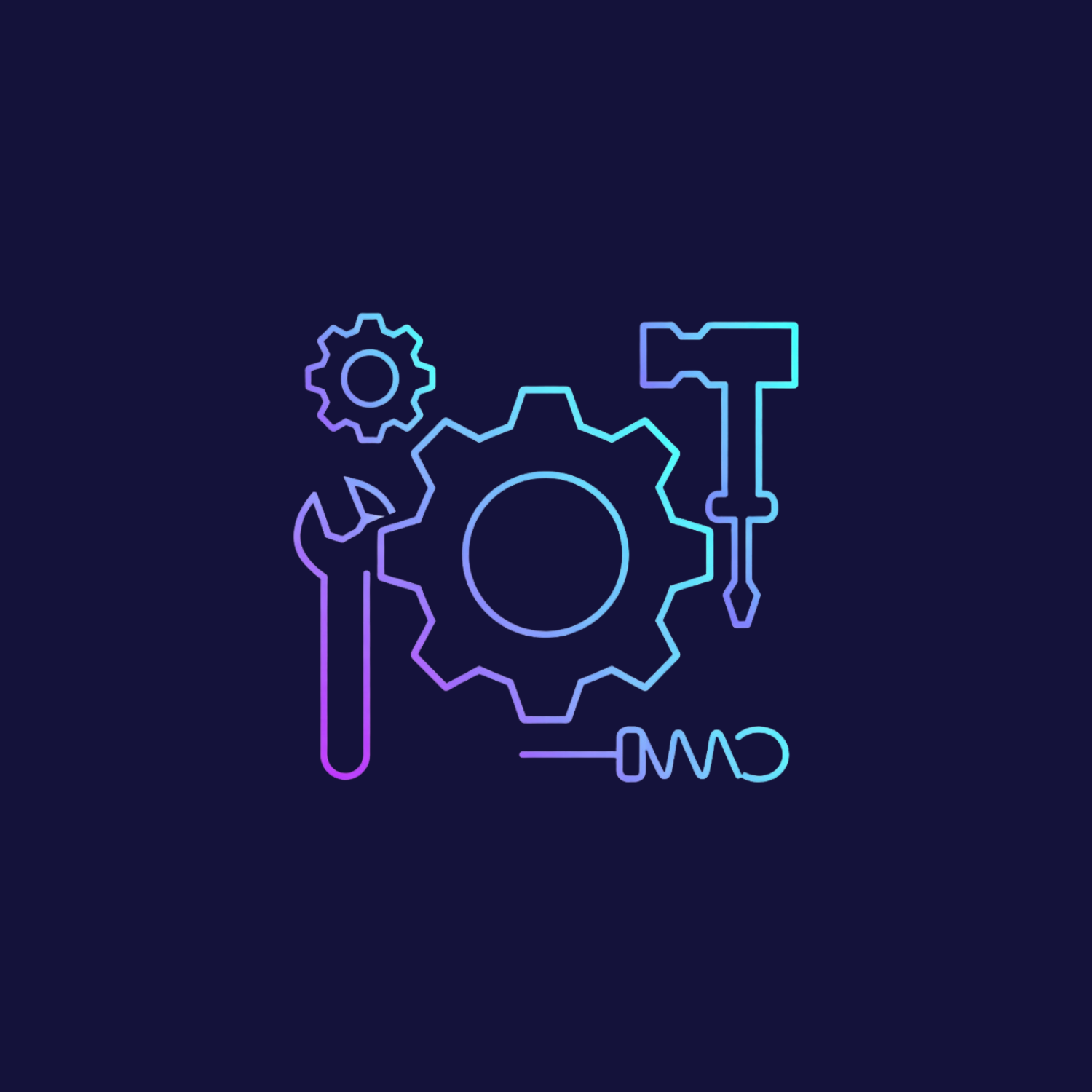 Neon outline illustration of gears, a wrench, a screwdriver, and a bolt on a dark background, symbolizing tools or machinery repair.