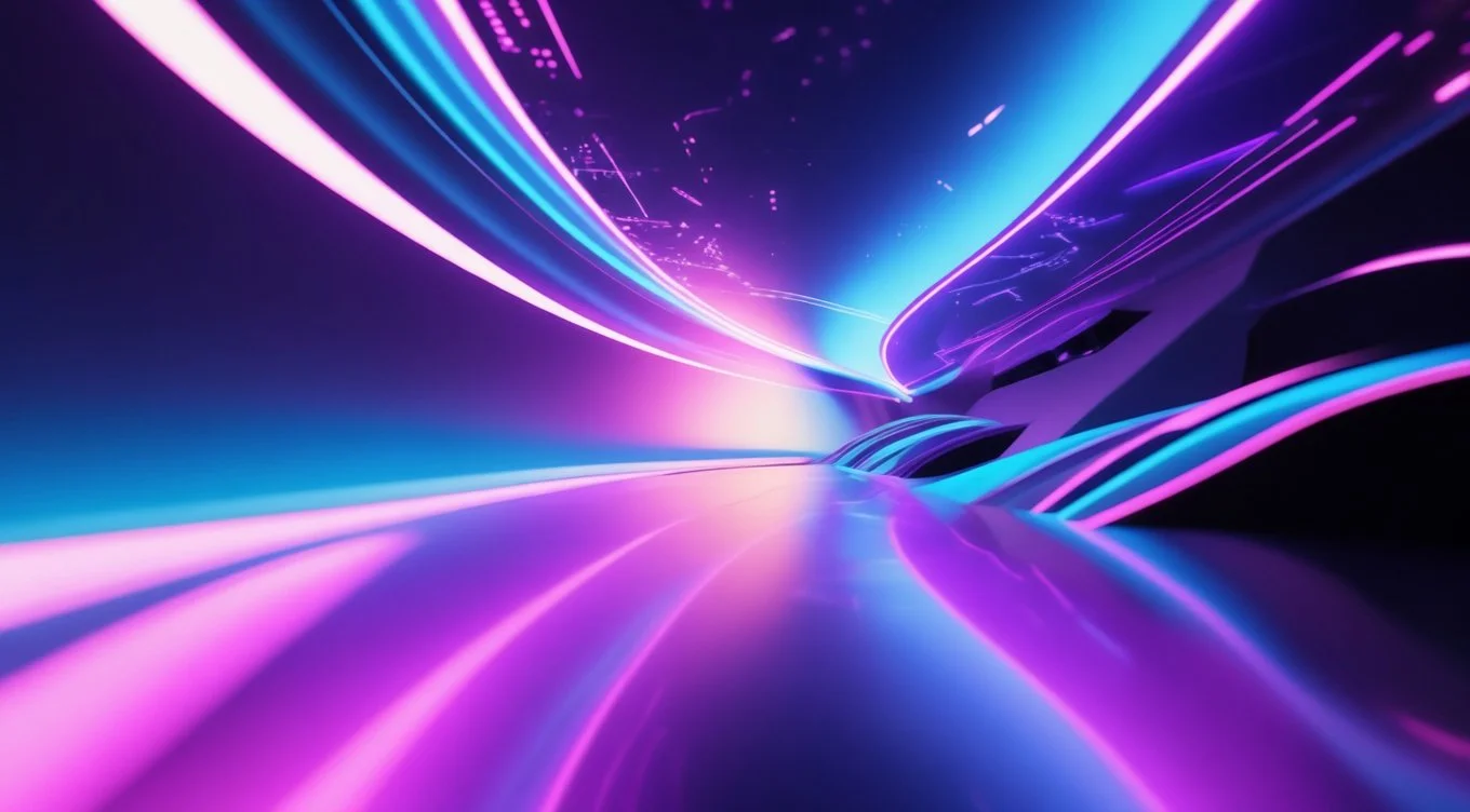 Futuristic tunnel with neon pink and blue light streaks creating a sense of motion.