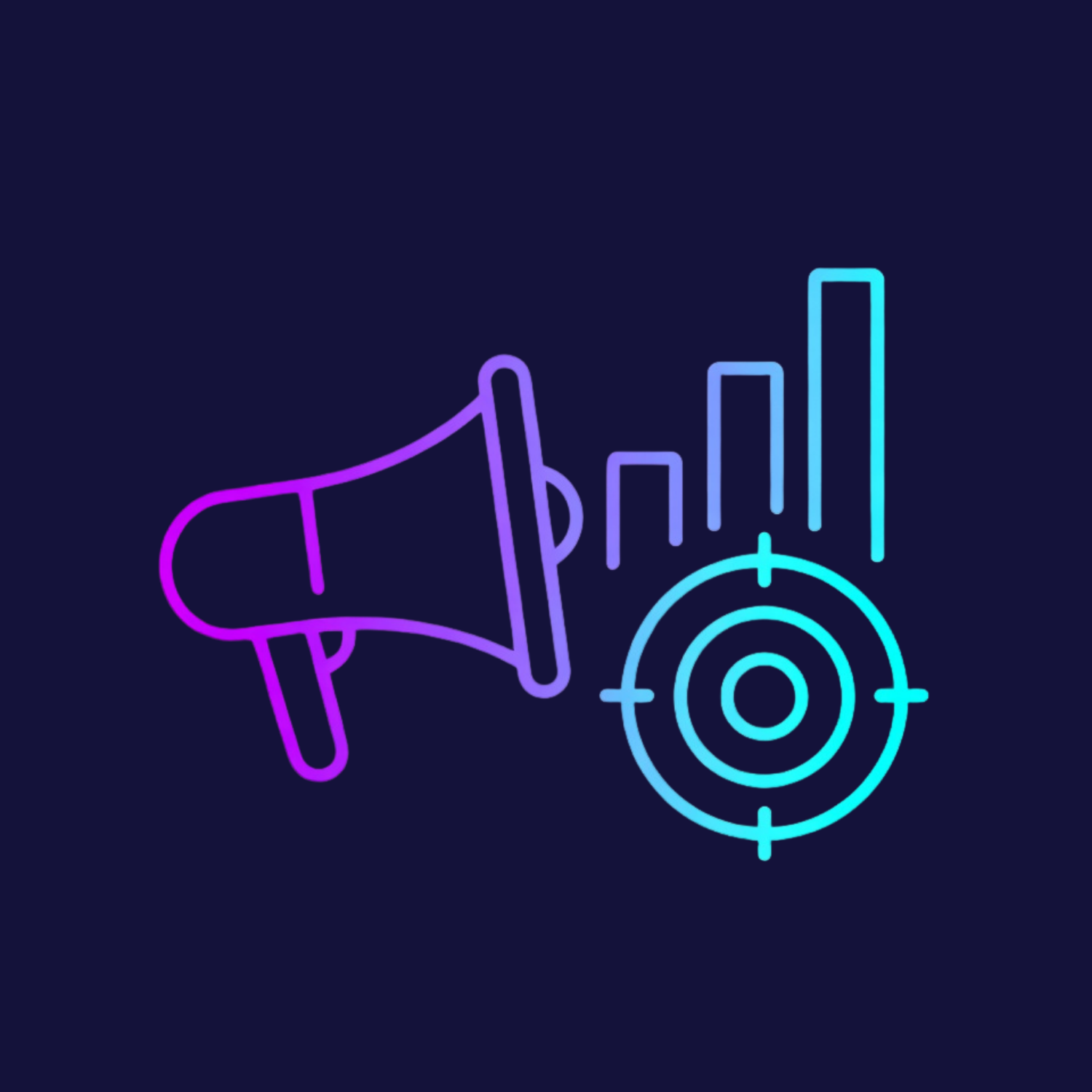 Neon outline of a megaphone, bar graph, and target with crosshairs on dark background.