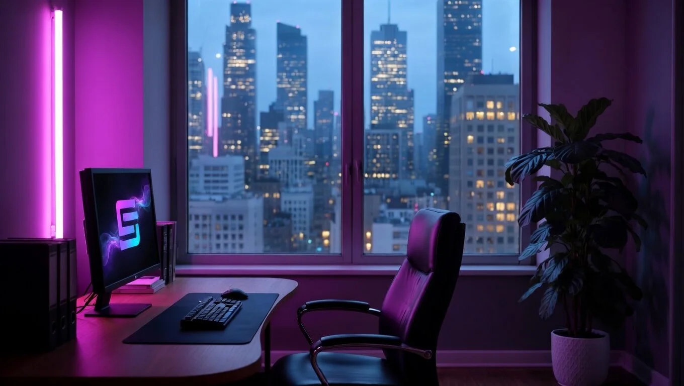 A modern office space with a desk, computer, and a large window showing a city skyline at night with illuminated skyscrapers.