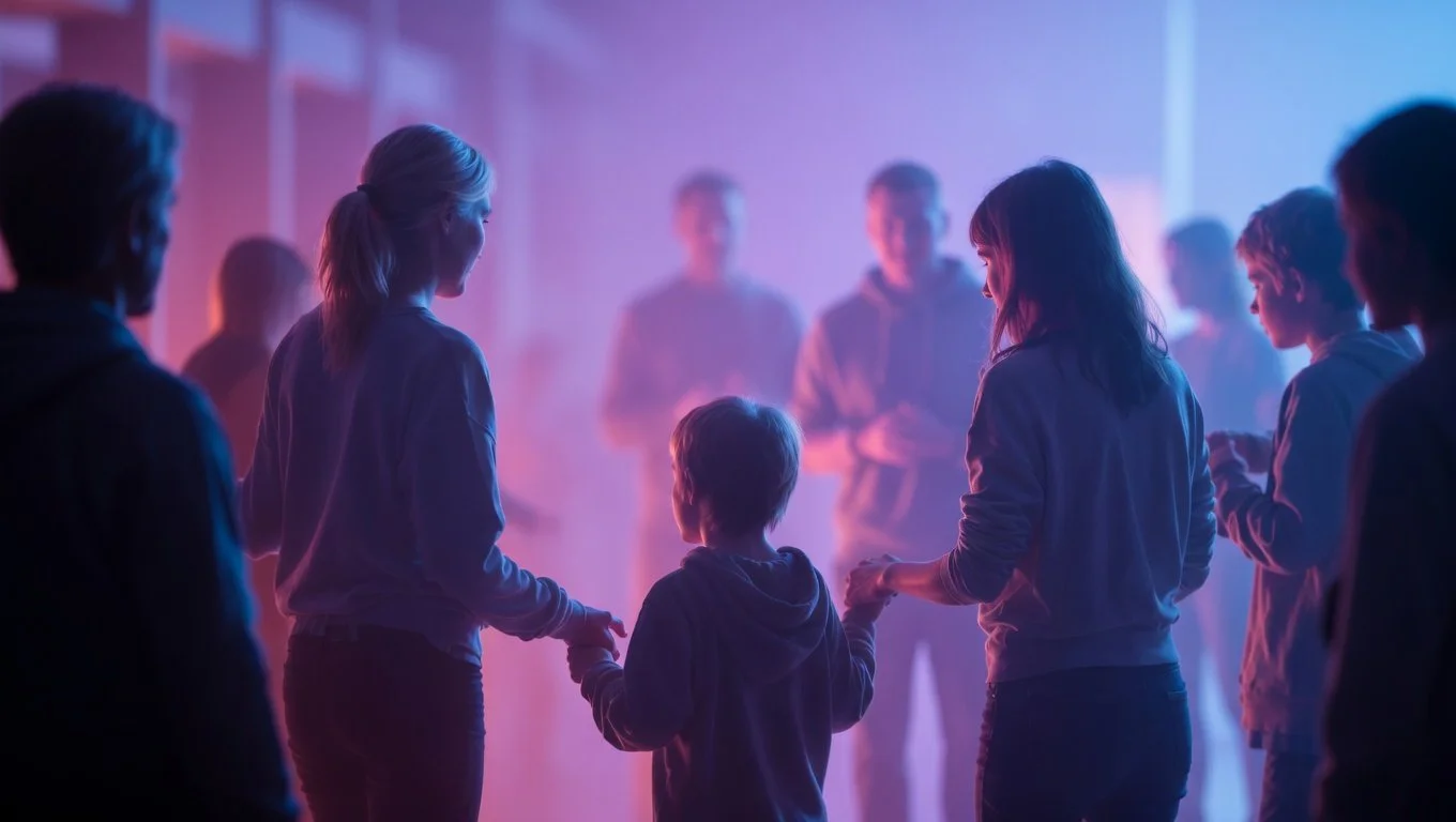 A group of people, including children and adults who benefit from philanthropy provided by Emori Solutions, are holding hands in a circle at a social gathering or event in a dimly lit room with purple and pink lighting.