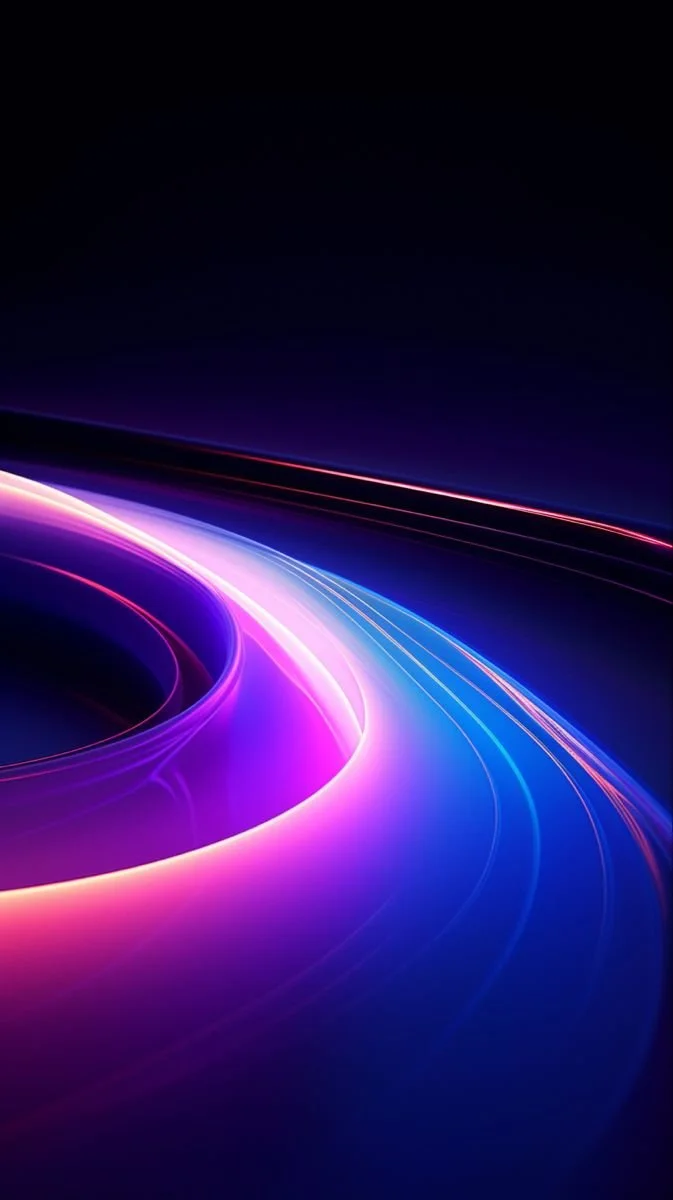 Abstract digital light trails in purple, pink, blue, and red against a dark background