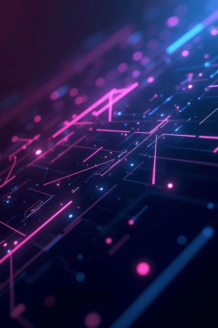 Abstract digital technology background with glowing pink and blue lines and dots on a dark background.