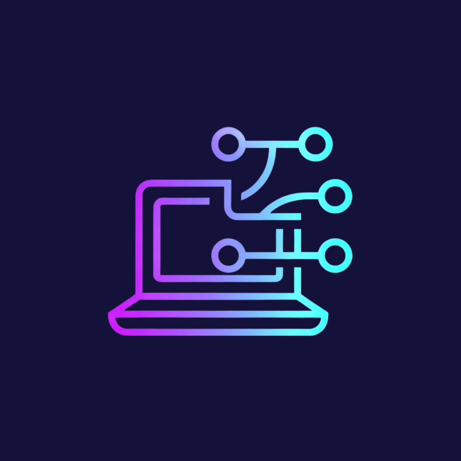 Neon outline of a laptop with interconnected nodes emerging from the screen, representing technology or digital connectivity.