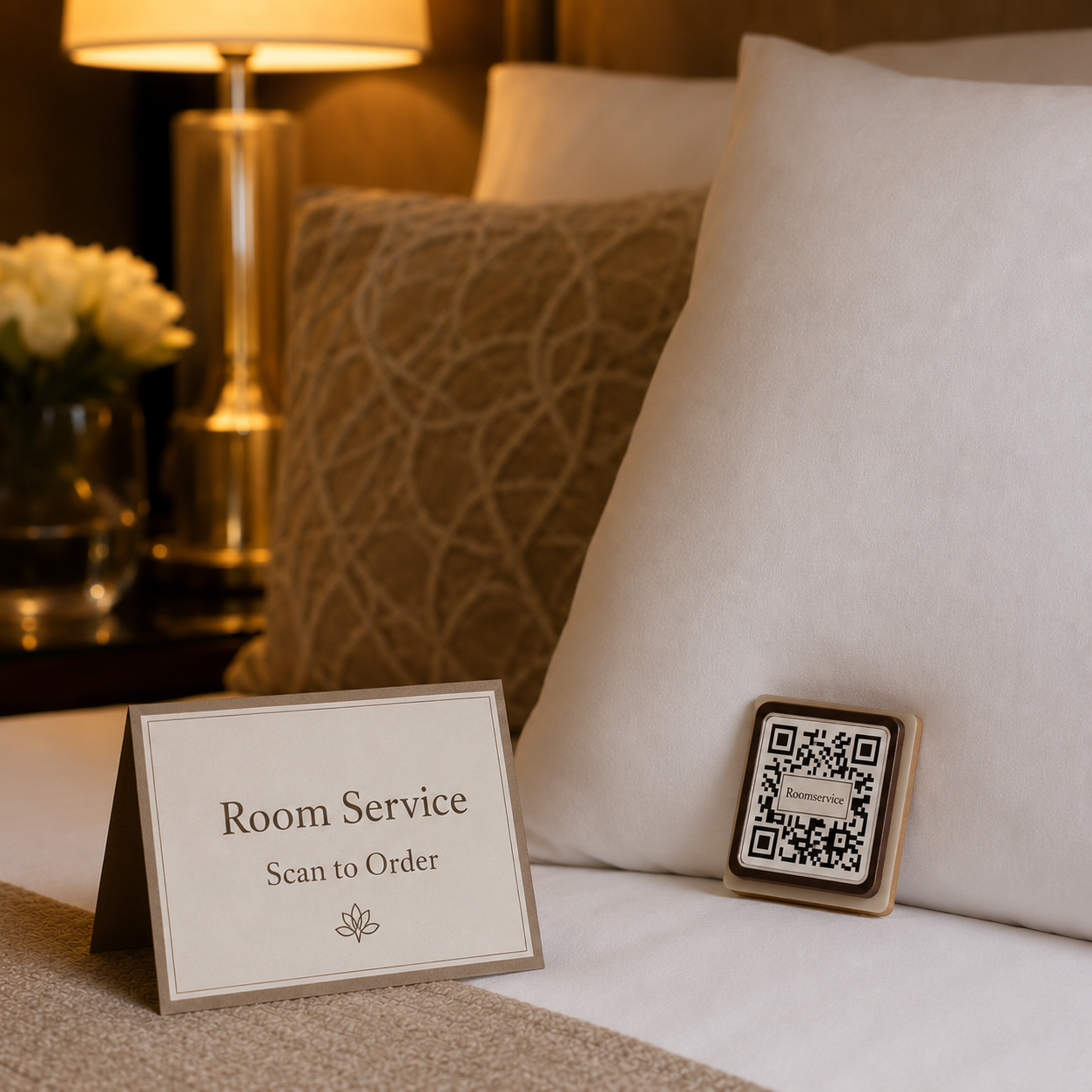 Luxury hotel room with a QR-enabled Clever Chocolates room-service amenity and “Scan to Order” guest sign.