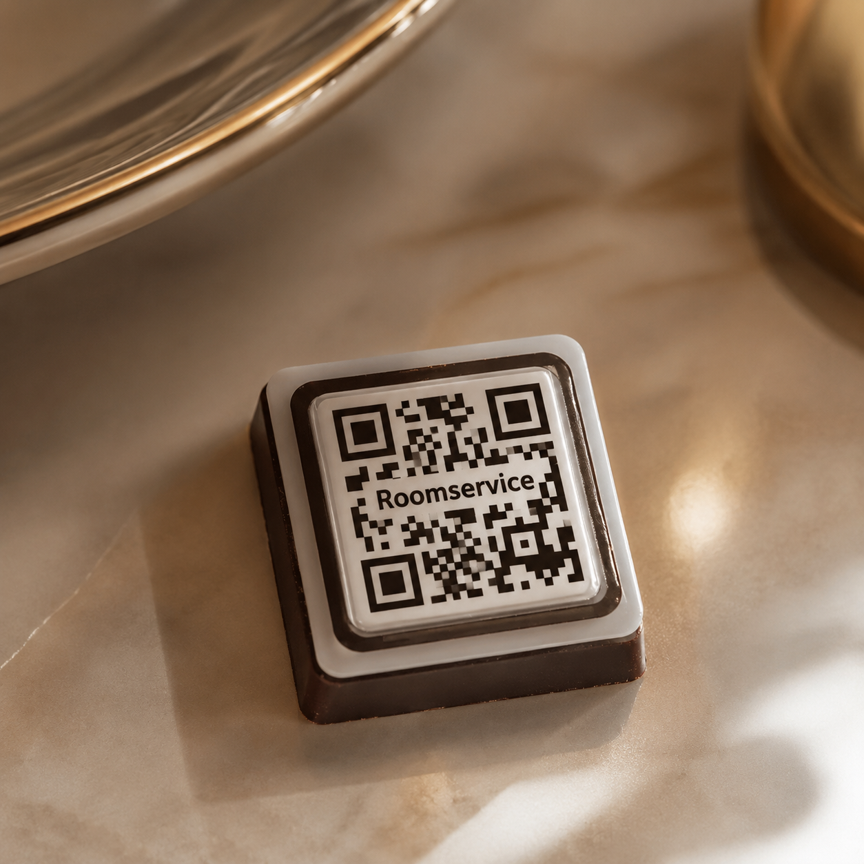 QR-enabled Clever Chocolates room-service sign for hotel guest ordering.