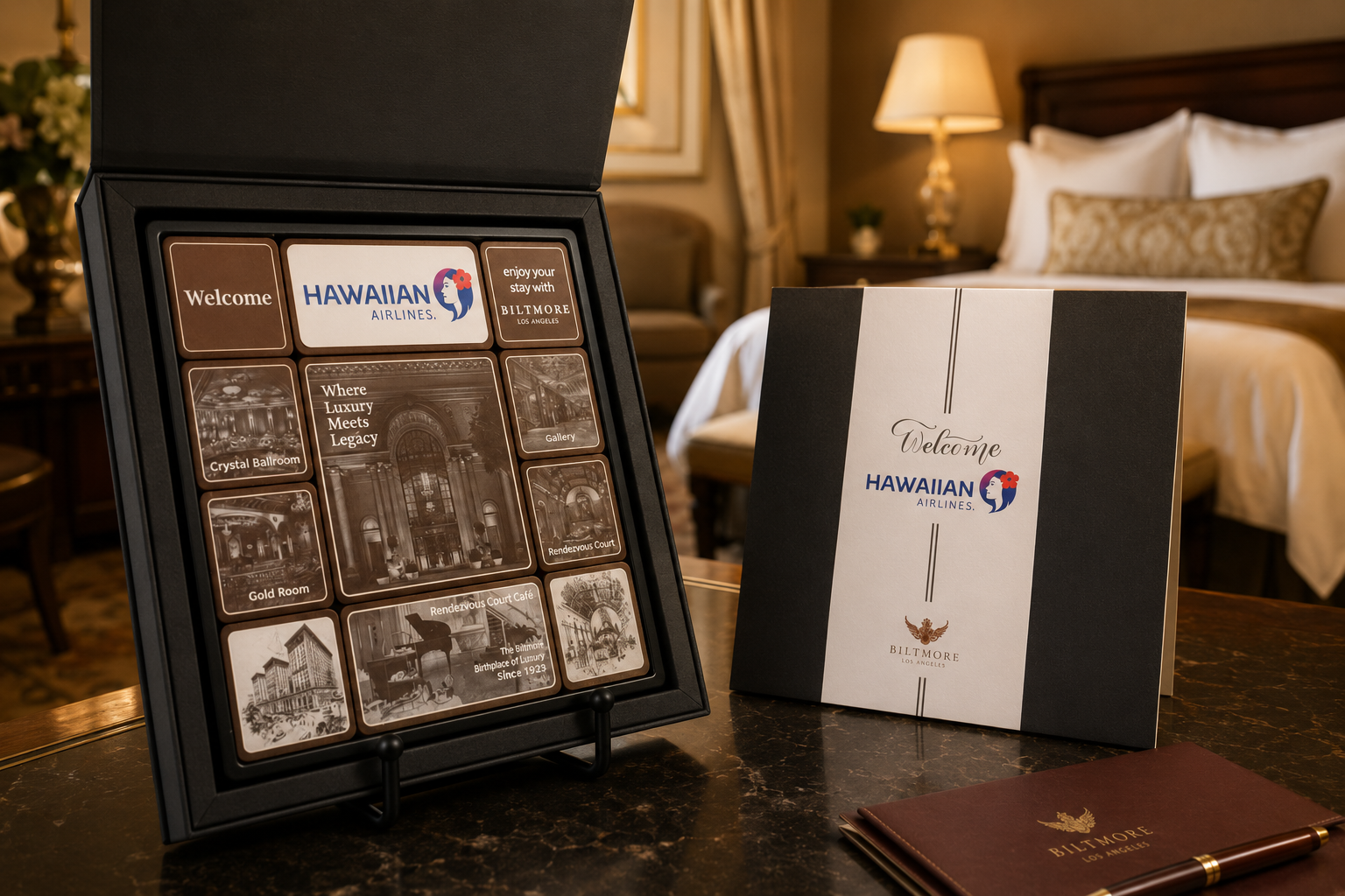 Clever Chocolates Hawaiian Airlines VIP welcome box in a Biltmore hotel room with guest information.
