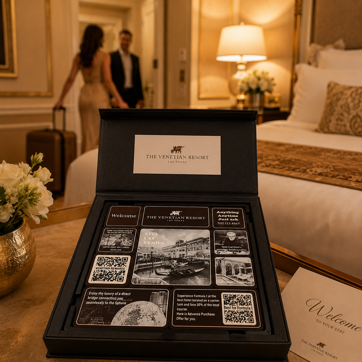 Clever Chocolates Venetian Resort presentation box with Venice-themed guest materials, QR codes and contact information in a luxury Las Vegas hotel room.