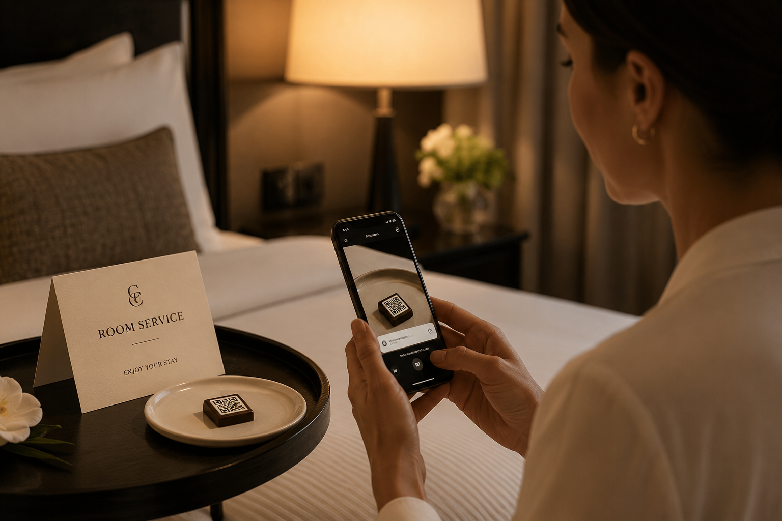 Hotel guest scans a QR-enabled Clever Chocolates room-service amenity with a smartphone in a luxury guest room.