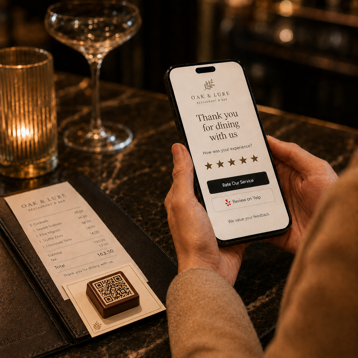 Guest scans a QR-enabled chocolate to complete a restaurant feedback survey.
