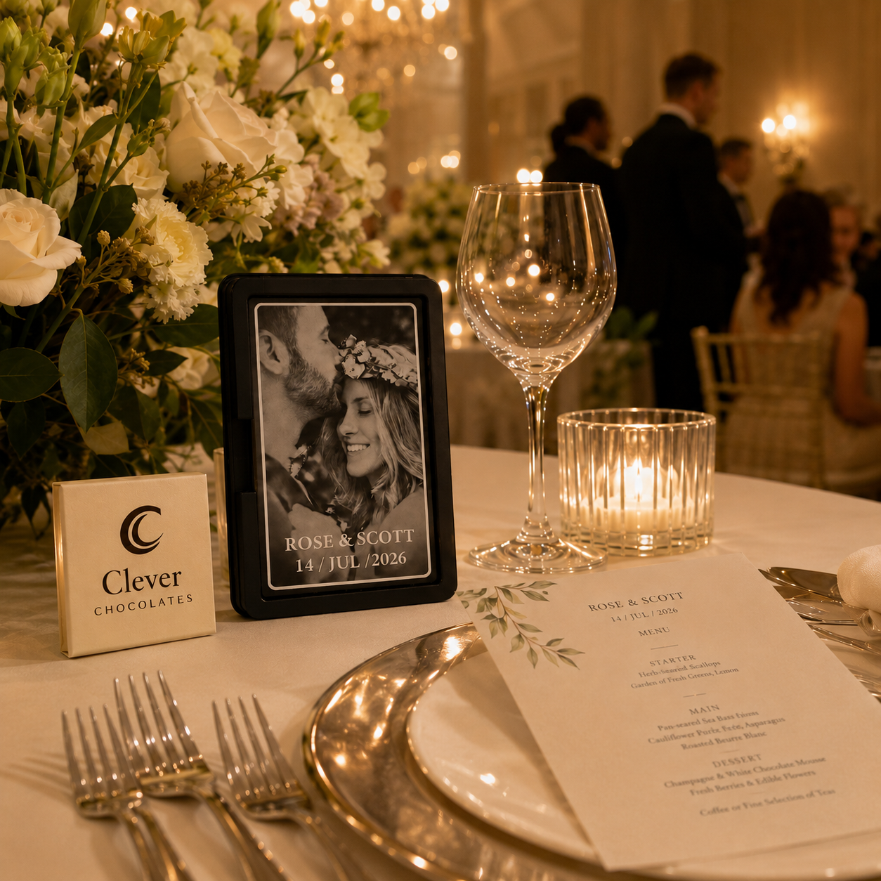 Elegant wedding reception table with a personalized Clever Chocolates favor, floral centerpiece, couple’s photo and candlelight.