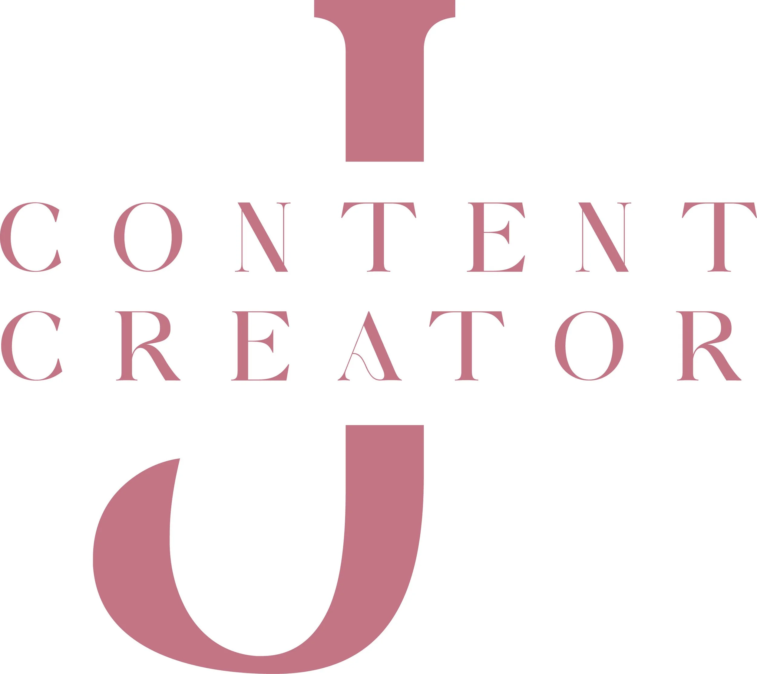 Close-up of a pinkish logo with the words 'Content Creator' beneath a stylized letter 'T'.