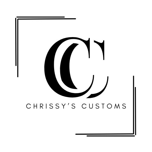Logo for Chrissy's Customs featuring stylized overlapping initials 'C' and 'C' with a minimal black and white design and decorative corner lines.